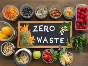 Bild mit Tafel in der Mitte mit Aufschrift "Zero Waste" umgeben von Obst und Gemüse in nachhaltigen Gefäßen.