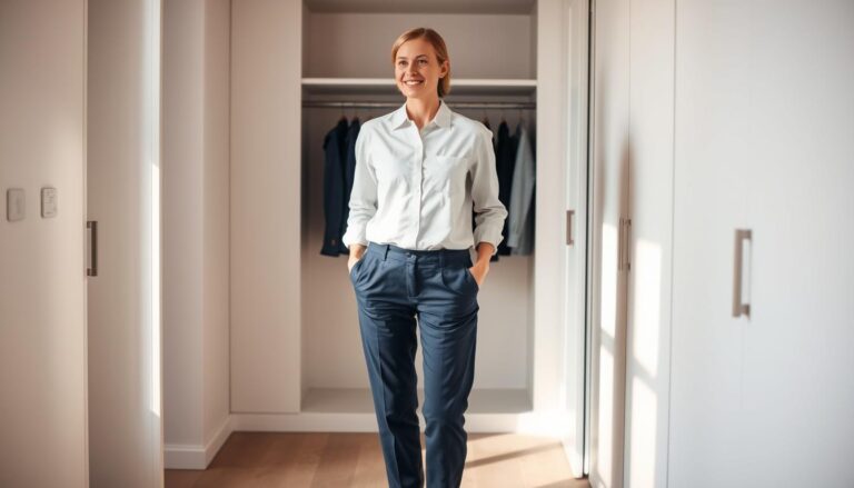 Outfits wiederholen - Frau vor ihrem minimalistischen Kleiderschrank