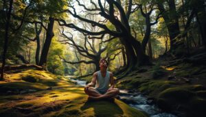 Selbstfindung in der Natur - Person sitzt im Wald und fühlt Frieden und Klarheit