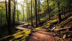 Schönes grünes Waldbild mit einem schmalen Weg hindurch.
