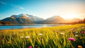 Wohlbefinden - Naturaufnahme mit Blumenwiese, See und Bergen im Hintergrund