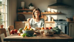 Intuitiv Essen - Frau in der Küche beim Essen von gesunden Lebensmittel
