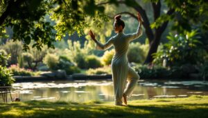 Sport gegen Stress - Frau bei sanften sportliche Bewegungen am Teich