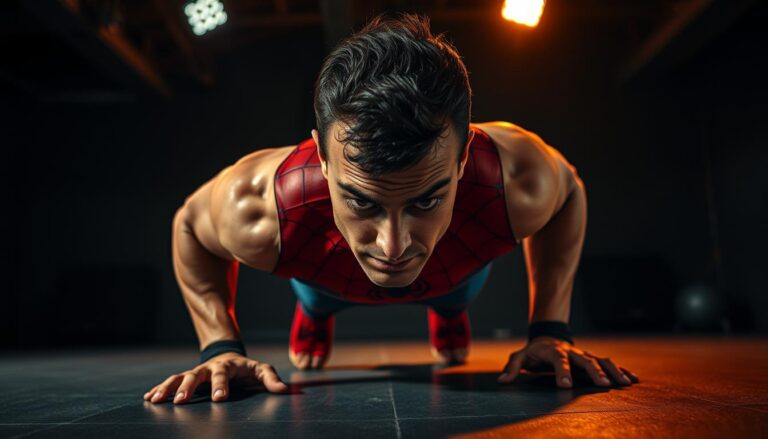 Muskulöser Mann macht Spider-Man Push Ups.