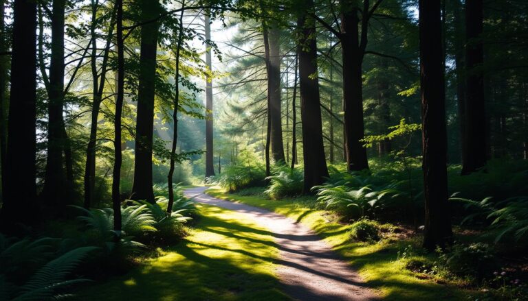 Ein friedlicher Waldweg schlängelt sich durch eine üppige, grüne Landschaft.