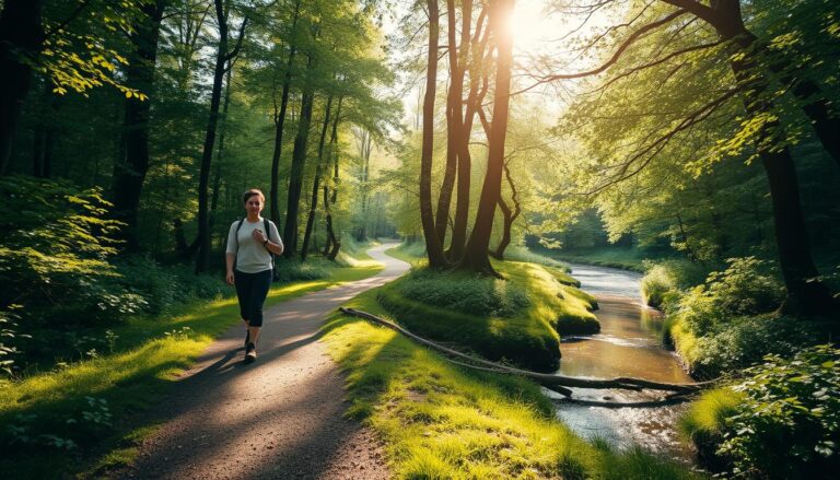 Frau macht Gehmeditation auf Waldweg entlang eines kleinen Bachlaufes