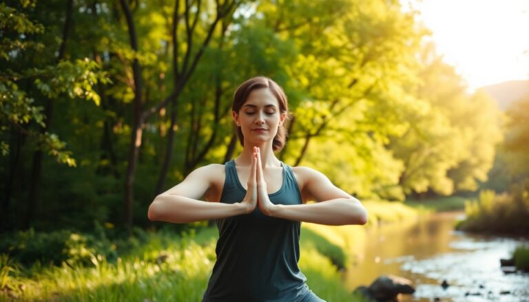 Bewegungstherapie Stressbewältigung - Frau am Bachlauf in der Natur