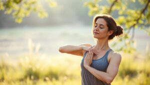 Eine Frau praktiziert Mindful Movement (Achtsamkeit & Bewegung) in einer ruhigen, natürlichen Umgebung