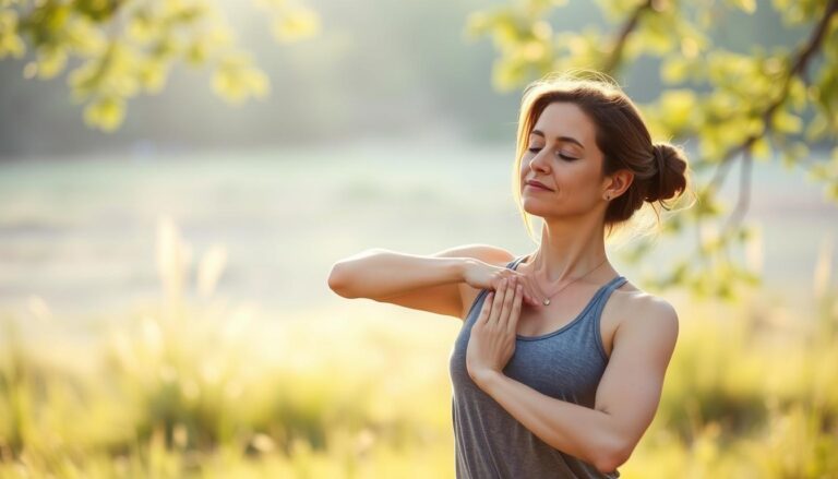 Eine Frau praktiziert Mindful Movement (Achtsamkeit & Bewegung) in einer ruhigen, natürlichen Umgebung