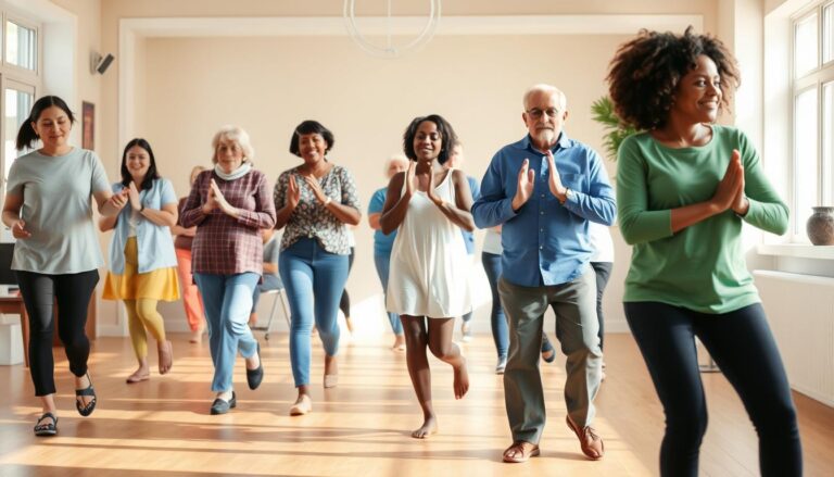 Eine Gruppe verschiedener Menschen praktiziert unterschiedliche Formen von Mindful Movement (Achtsamkeit & Bewegung)