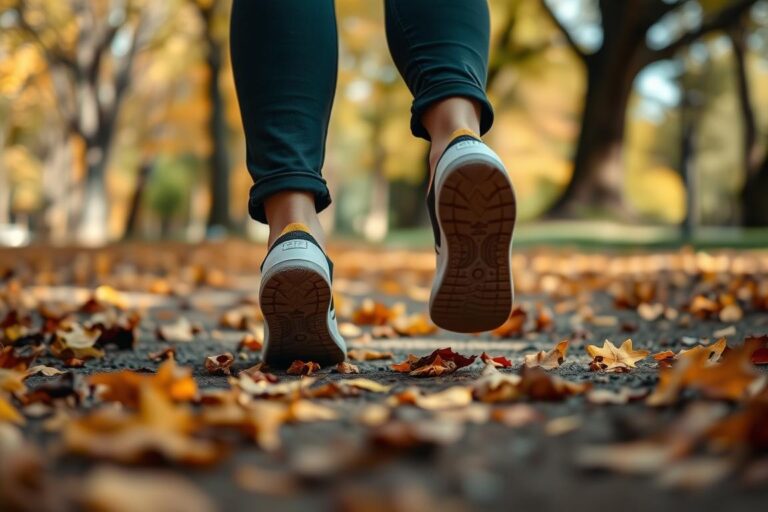 Eine Person praktiziert achtsames Gehen in einem Park, mit Fokus auf jeden Schritt