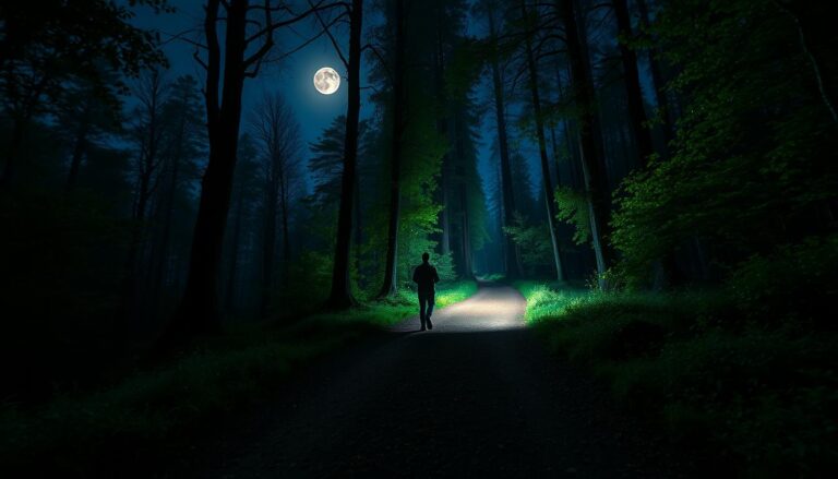 Gehmeditation - Mann spaziert in der Nacht auf einem Waldweg