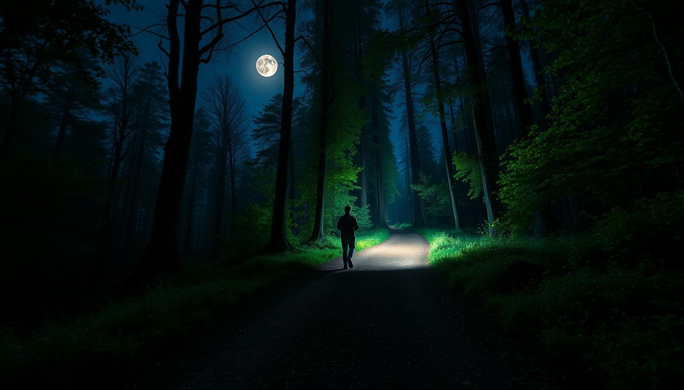 Gehmeditation - Mann spaziert in der Nacht auf einem Waldweg