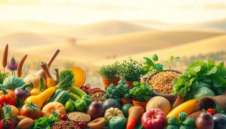 Pflanzliche Ernährung - verschiedene Sorten von Gemüse, Früchten und Nüssen
