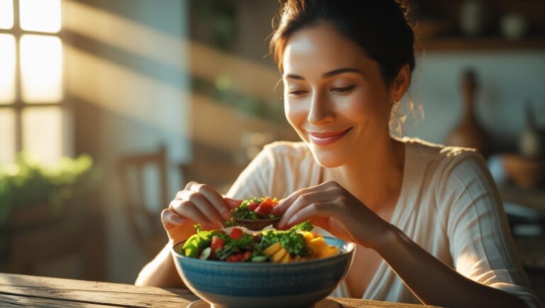 Achtsame Ernährung - Frau vor einer Schale gesundem Essen