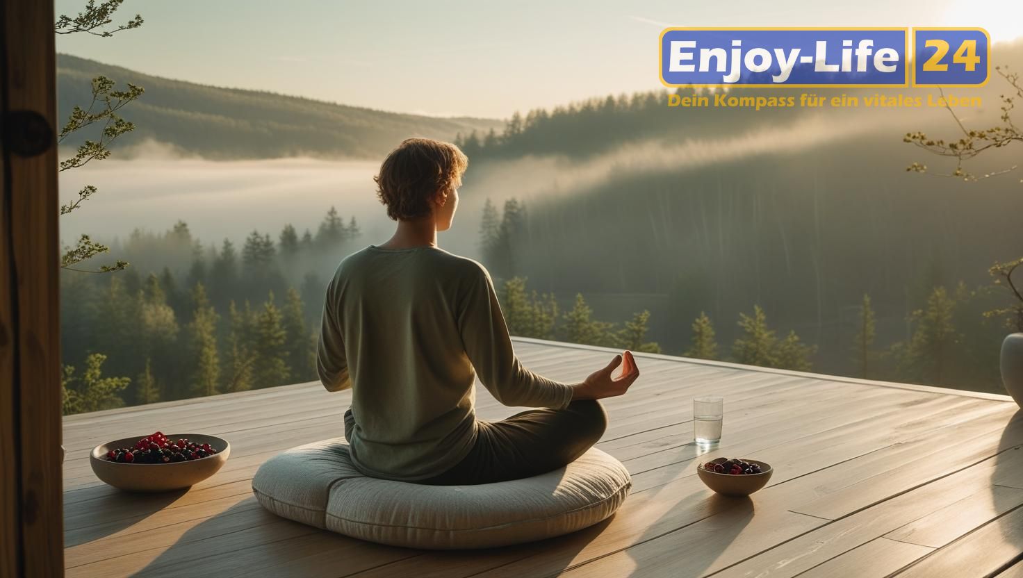 Enjoy-Life24: Person sitzt auf Meditationkissen mit Blick in die Natur