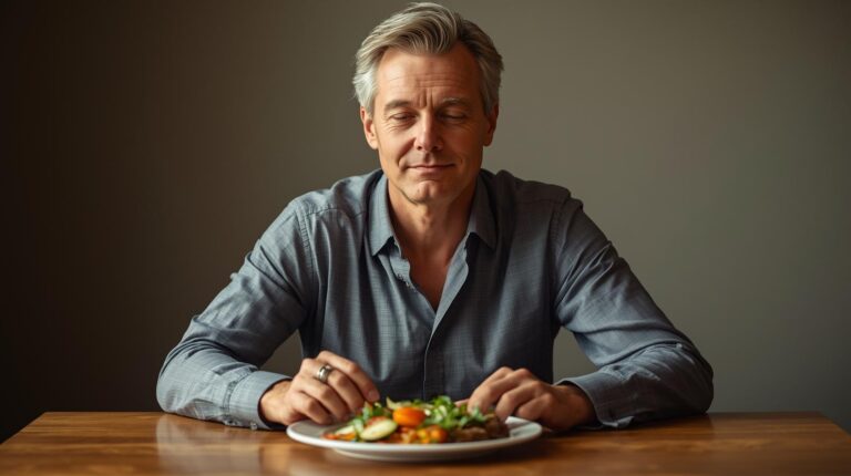 Manager am Essentisch nimmt achtsam gesundes Essen zu sich
